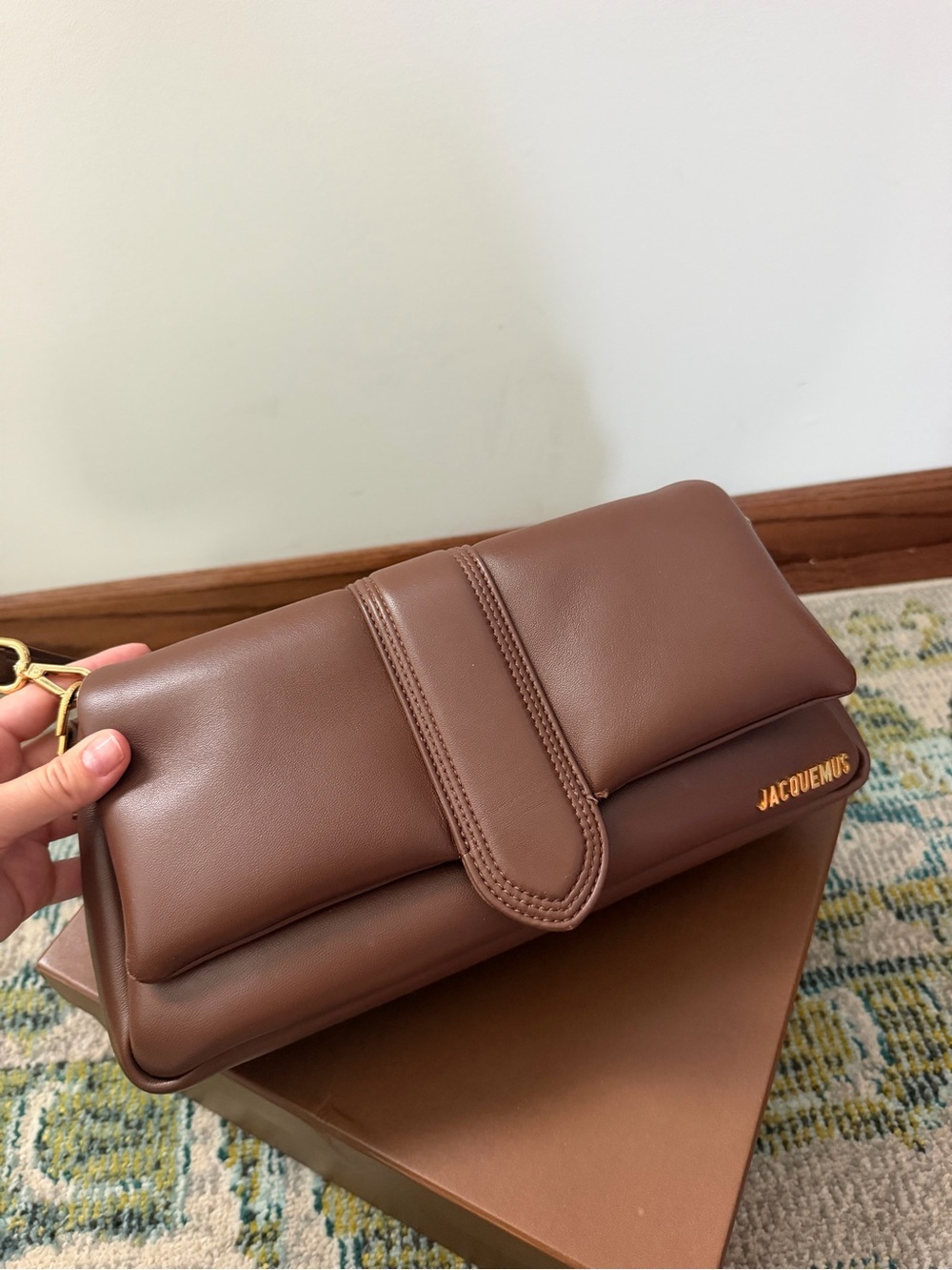 Jacquemus brown padded leather shoulder clutch with gold logo